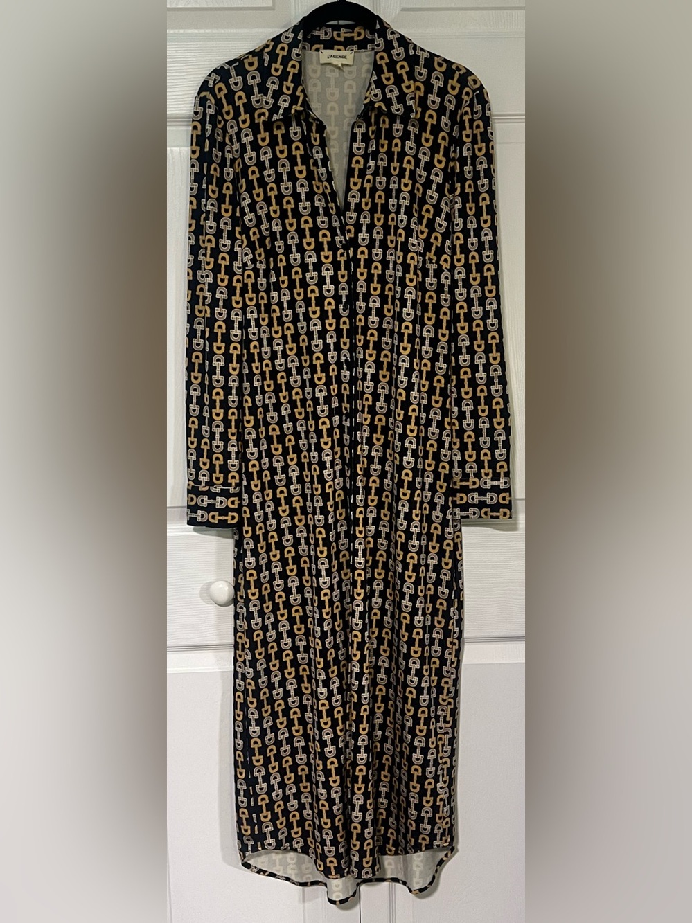 L'Agence Black & Gold Chain Print Long Sleeved Shirtdress